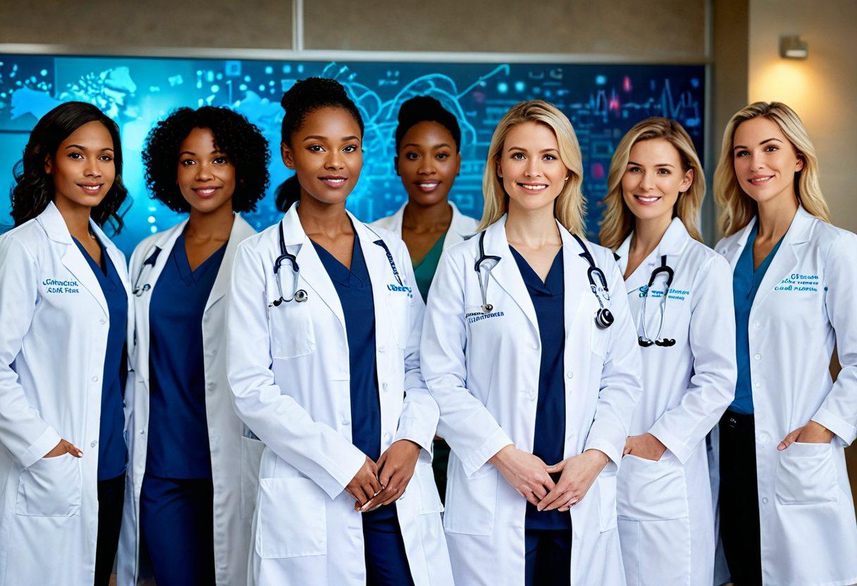 A diverse group of female doctors in white coats standing confidently in a modern hospital setting, surrounded by visual representations of healthcare coverage options like charts and documents. Include elements that symbolize empowerment and support for women in medicine, such as a glowing light around them and medical icons floating in the background. The scene should reflect a sense of collaboration and innovation in healthcare. vibrant colors. super-realistic.