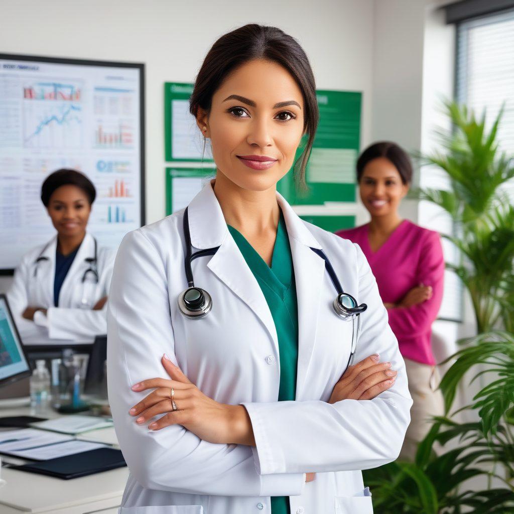 A confident woman physician in a lab coat, standing proudly with her arms crossed, surrounded by diverse women of various ethnicities, all engaged in discussions about health insurance plans. Include visual elements such as health documents, graphs, and a stethoscope to symbolize medical expertise and empowerment. The background should be a bright, inviting office setting with plants and medical charts. super-realistic. vibrant colors. white background.
