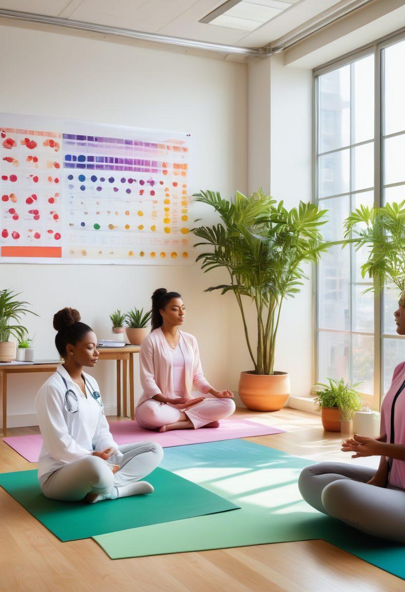 A diverse group of women physicians in a brightly lit office space, engaged in a dynamic discussion about insurance plans while looking at charts and wellness resources. Incorporate elements of empowerment like plants, wellness symbols, and technology devices in a peaceful environment. The atmosphere should feel uplifting and collaborative. super-realistic. vibrant colors. light and airy background.